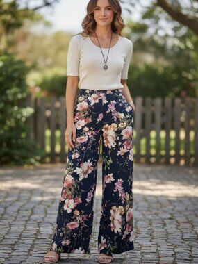 Navy Floral Wide Leg Pants S Boho Spring